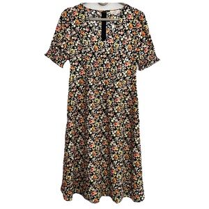 NEW LOFT Outlet Midi‎ Floral Dress 4P Petite Wedding Guest Puff Sleeve V-neck
